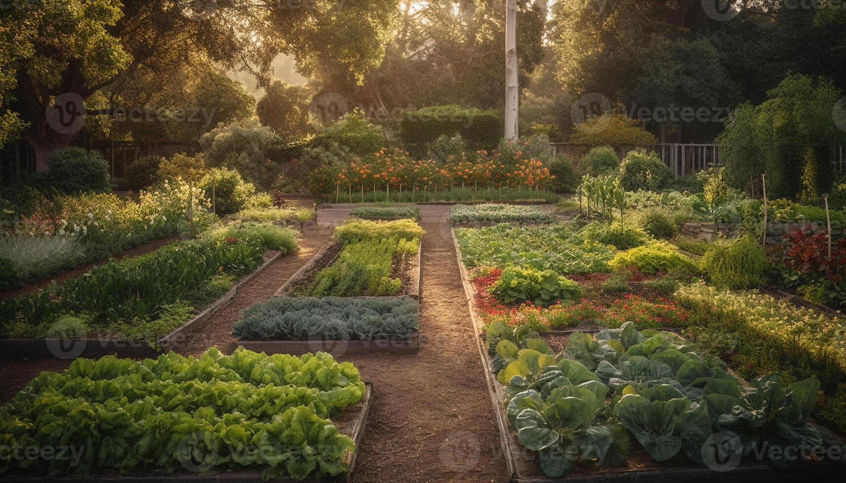 ai generato un' tranquillo prato con Multi colorato fiori e un' tranquillo, calmo stagno generato di ai foto