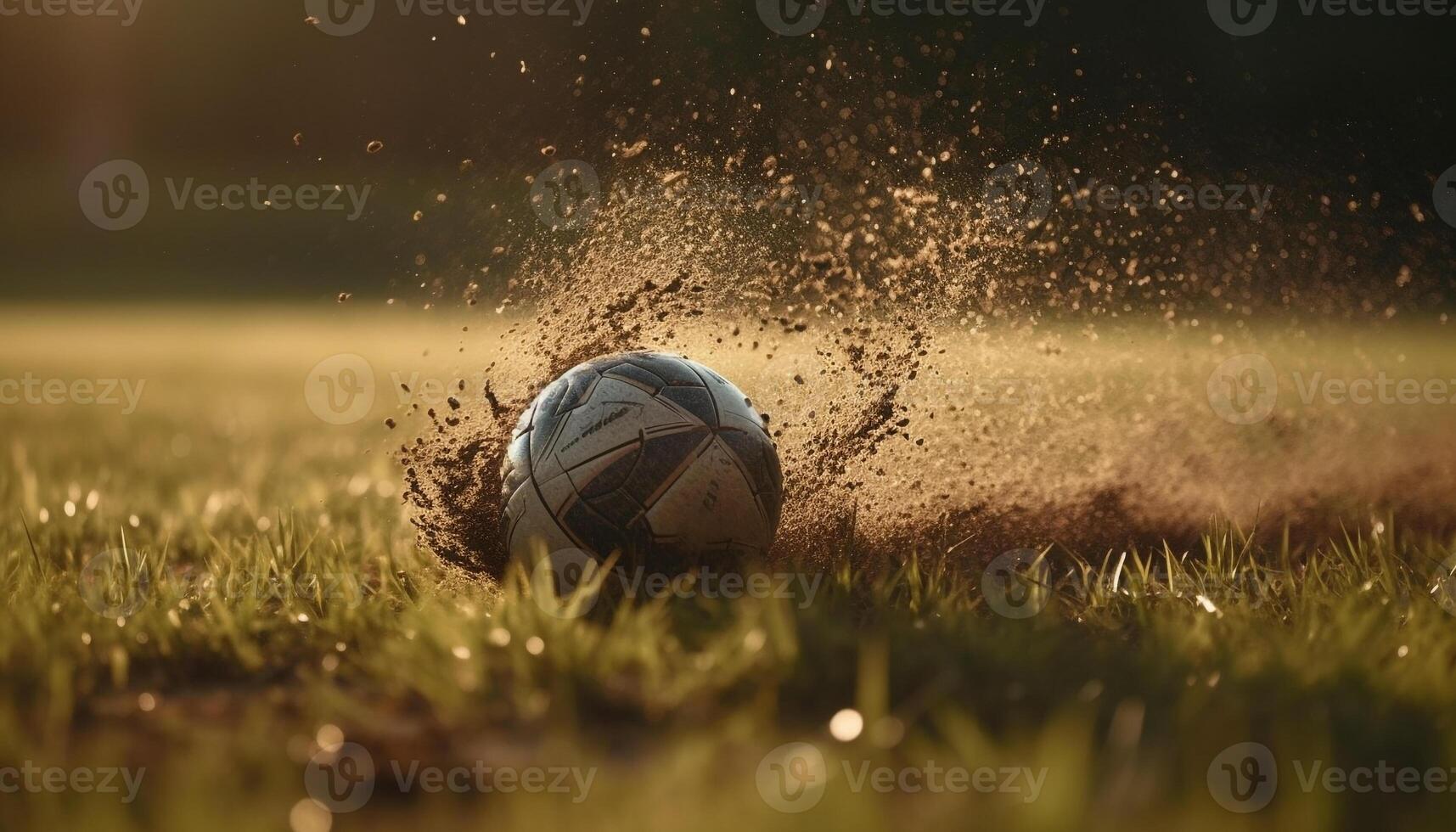 ai generato giocando calcio su un' verde campo sotto il estate tramonto generato di ai foto