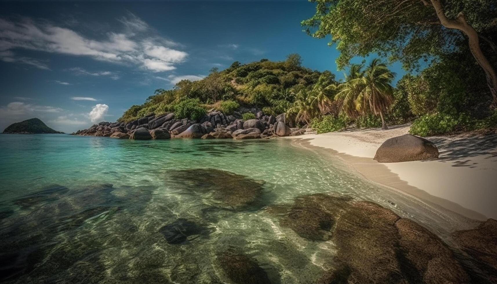 ai generato idilliaco tropicale costa, chiaro blu acque, tranquillo palma albero Paradiso generato di ai foto