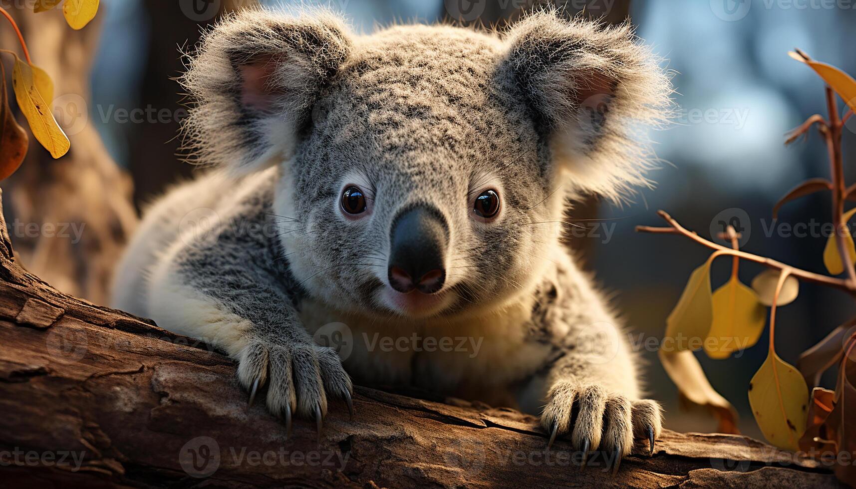 ai generato carino koala seduta su ramo, guardare a telecamera nel foresta generato di ai foto