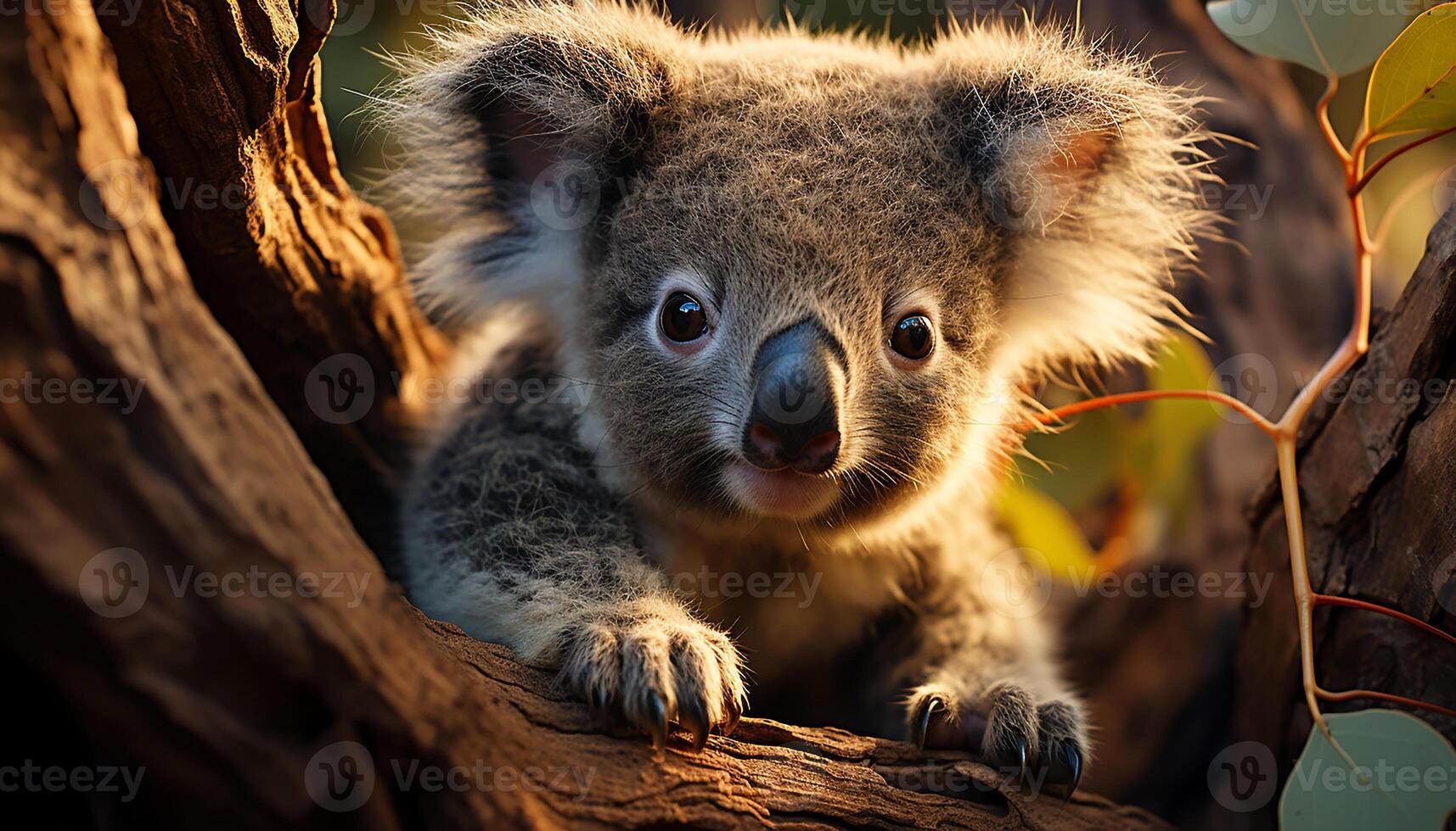 ai generato carino koala seduta su ramo, guardare a telecamera nel foresta generato di ai foto