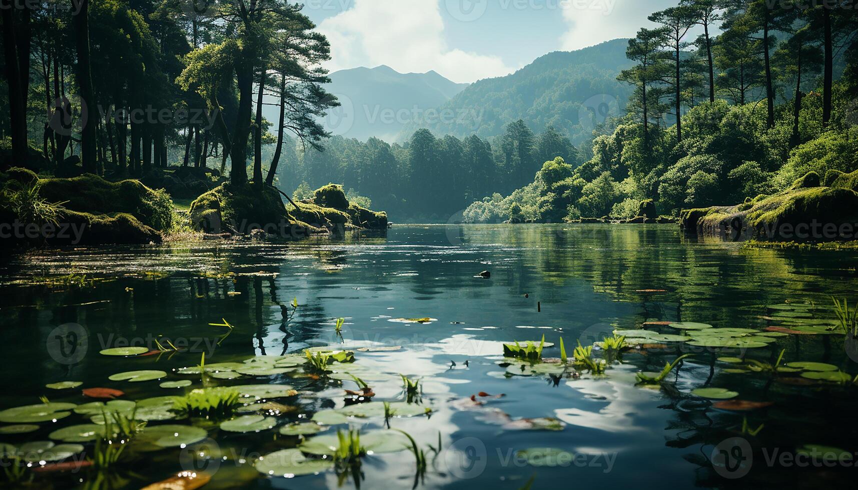 ai generato tranquillo scena verde prato, riflettendo stagno, maestoso montagna gamma generato di ai foto