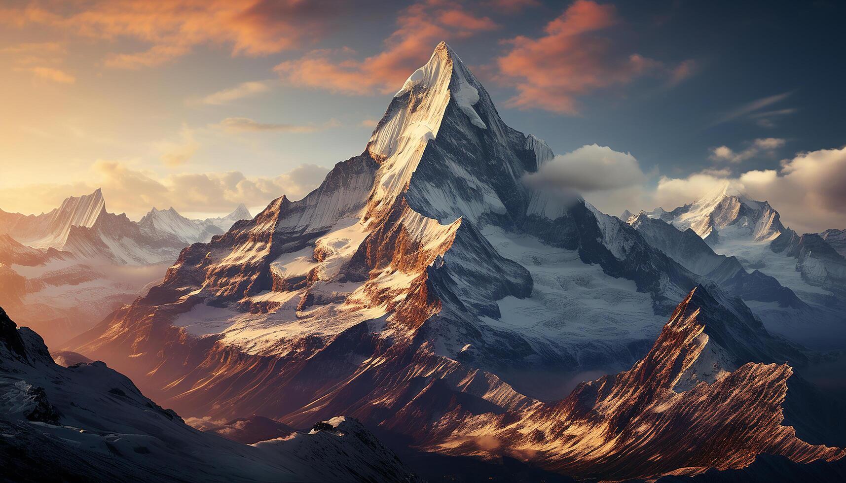 ai generato maestoso montagna picco, natura bellezza, neve coperto paesaggio, roccia e ghiaccio generato di ai foto