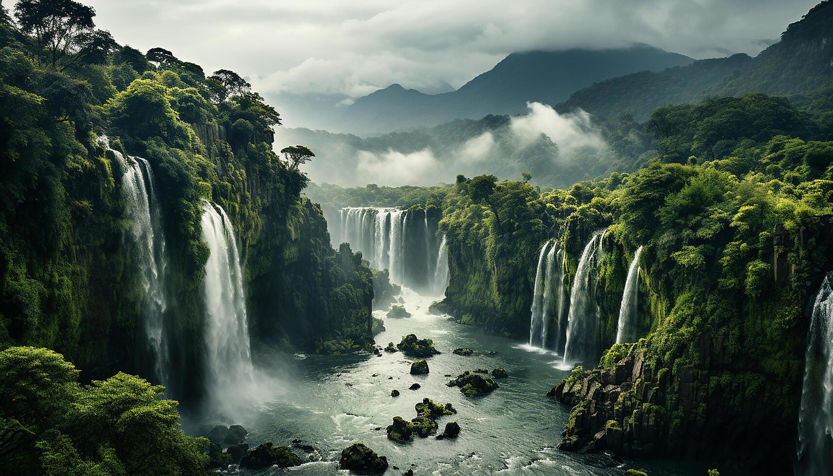 ai generato maestoso montagna gamma, fluente acqua, tranquillo scena, autunno le foglie caduta generato di ai foto