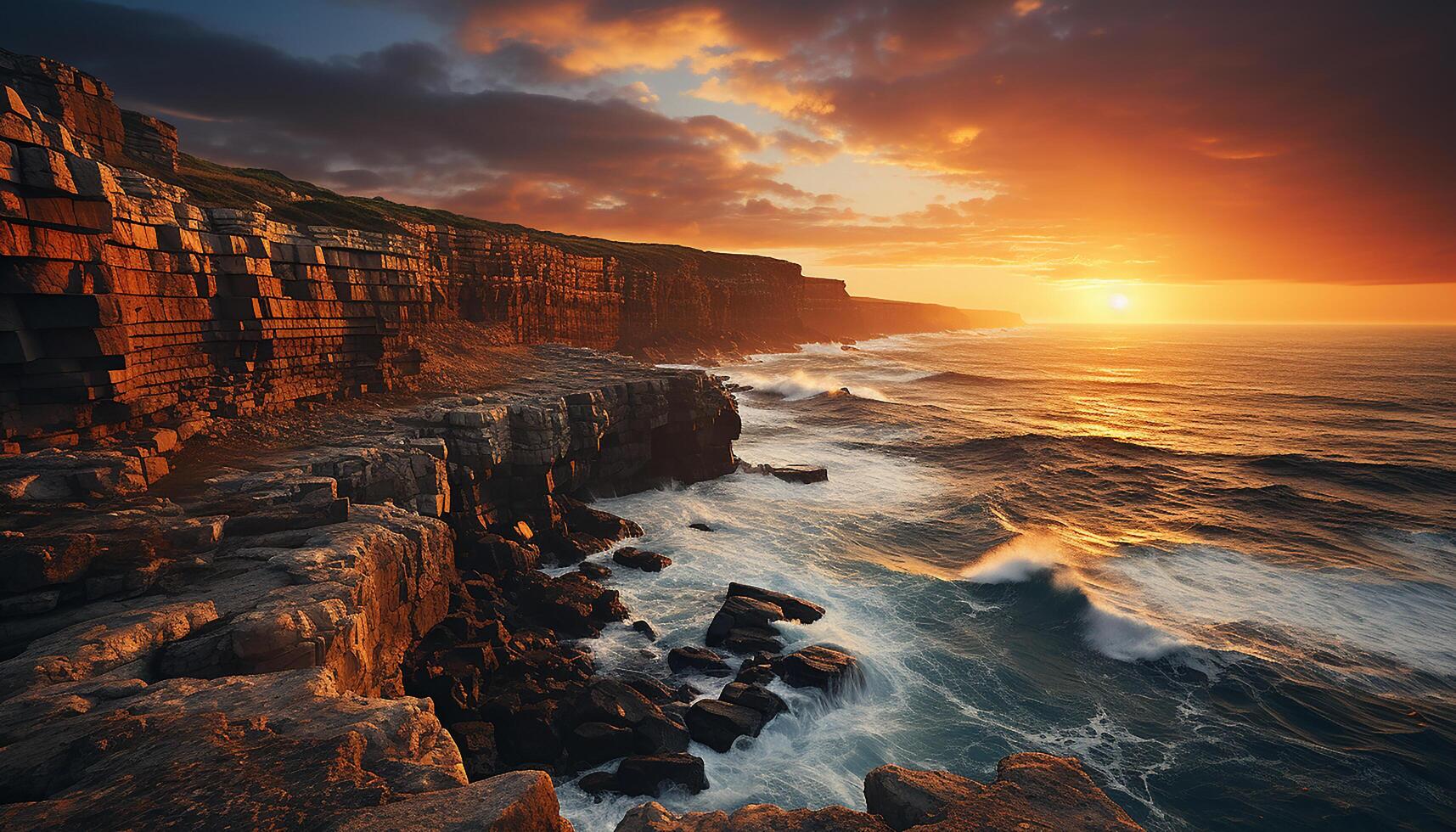 ai generato maestoso tramonto al di sopra di tranquillo costa, riflettendo naturale bellezza di natura generato di ai foto