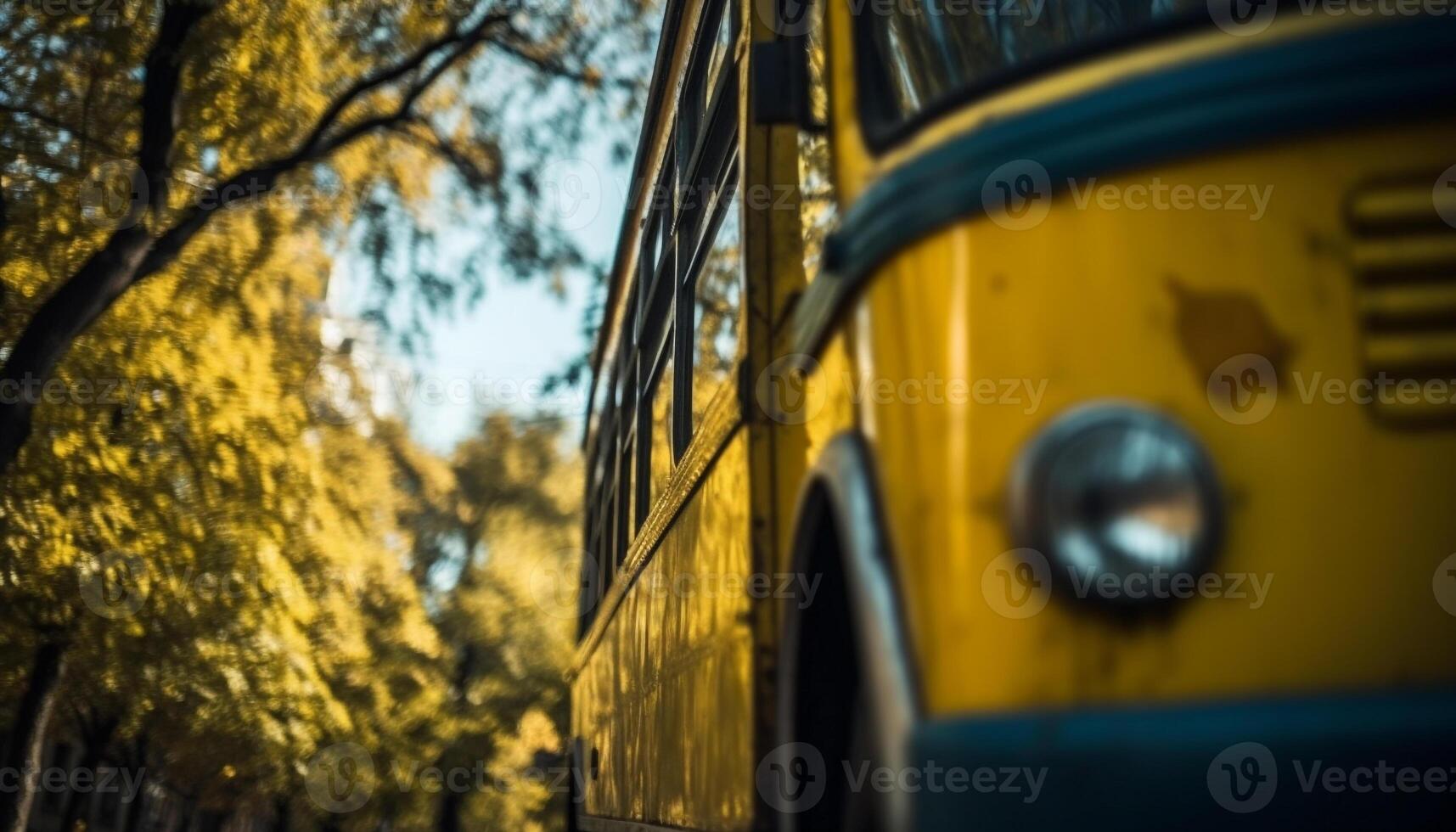 ai generato guida un vecchio giallo autobus attraverso il autunno foresta generato di ai foto