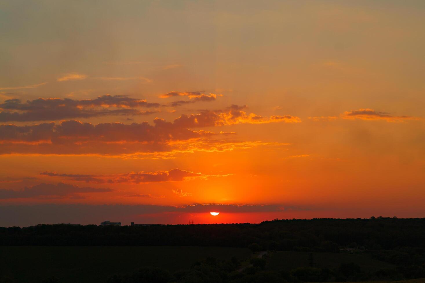 sole impostato al di sopra di il orizzonte su il sfondo di un' campo e foresta nel il sera nel il estate. tramonto foto