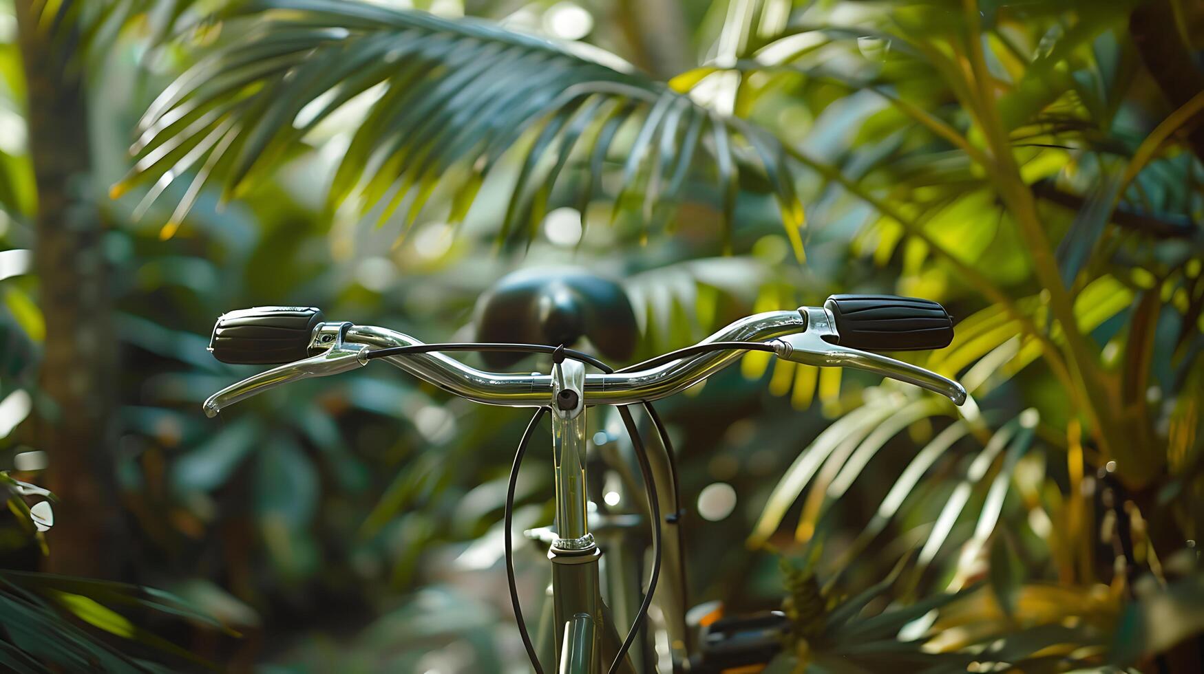 ai generato bicicletta avvicinamento il manubrio e davanti ruota in mezzo lussureggiante verdura foto