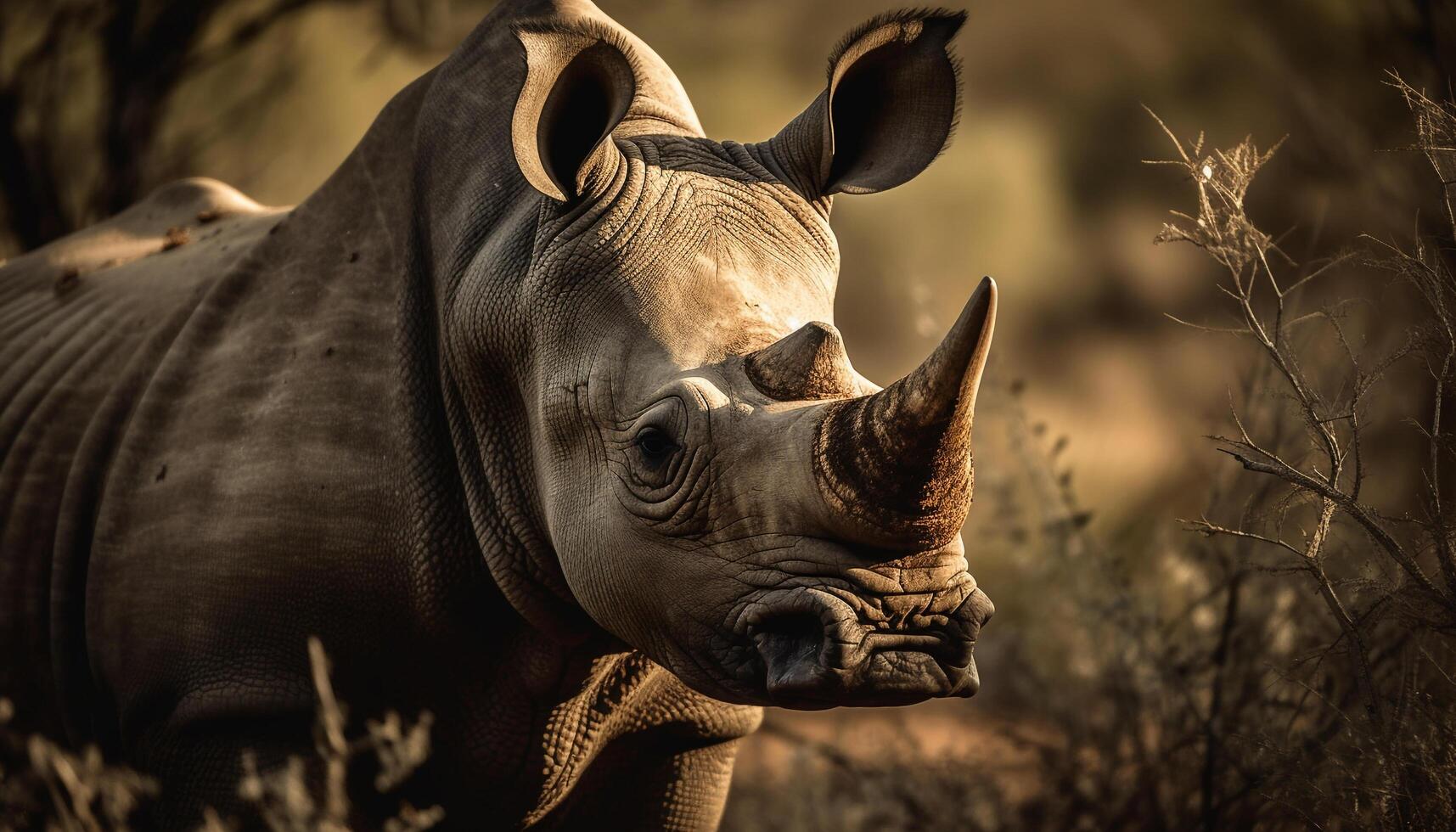 ai generato grande rinoceronte pascolo nel il africano savana, guardare a telecamera generato di ai foto