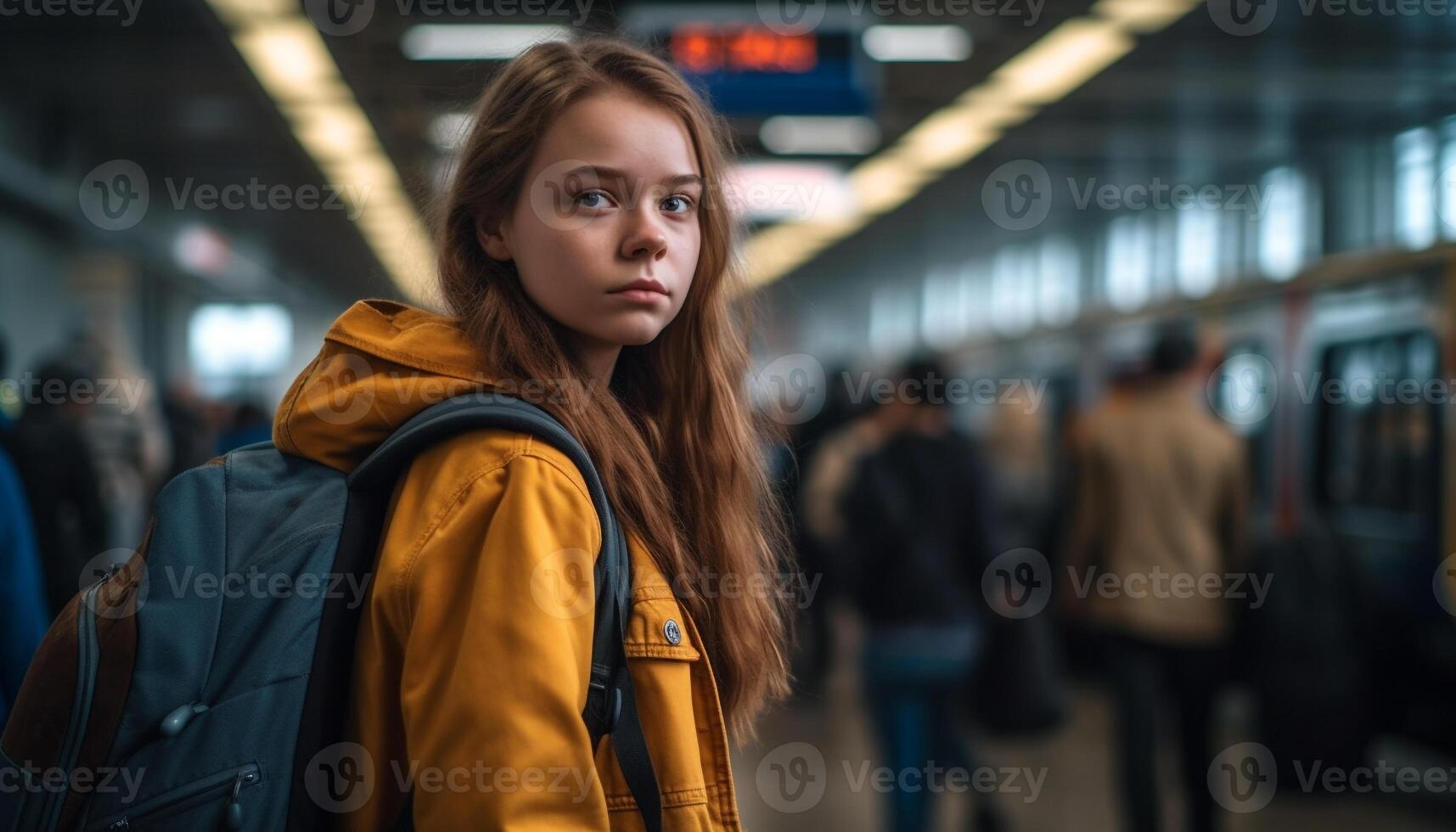 ai generato giovane donne in attesa a metropolitana stazione, fiducioso e elegante generato di ai foto