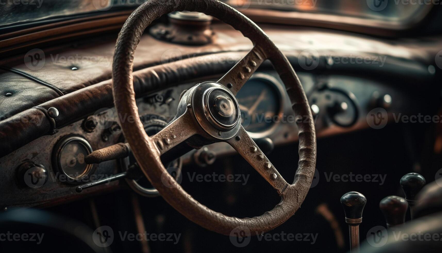 ai generato Vintage ▾ auto pannello di controllo vecchio stile eleganza, brillante cromo, pelle timone ruota generato di ai foto