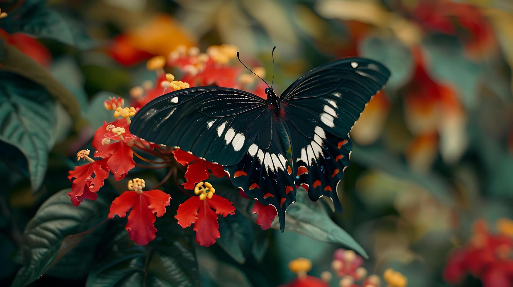 ai generato farfalla si accende su fioritura fiore nel lussureggiante giardino un' macro avvicinamento istantanea foto