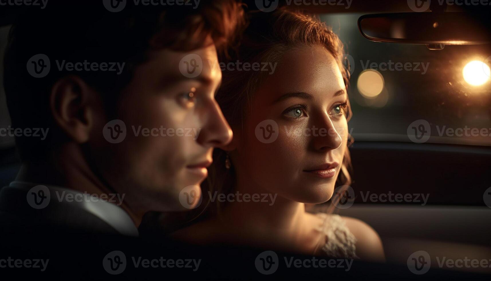 ai generato giovane coppia seduta nel macchina, sorridente, guardare a telecamera generato di ai foto