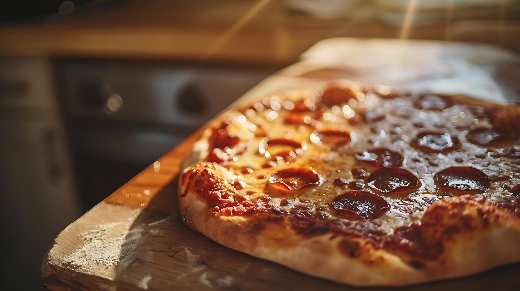 ai generato appena al forno peperoni Pizza su rustico tavolo sottolineando croccante Crosta e spumeggiante formaggio nel caldo naturale leggero foto