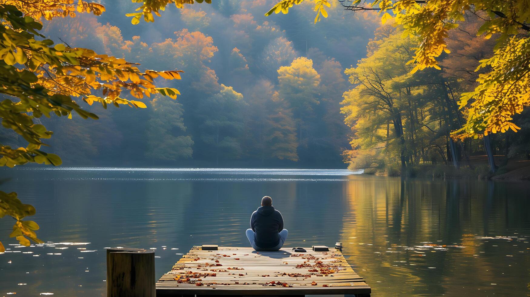 ai generato tranquillo lago scena sereno la tranquillità in mezzo nature bellezza radiante con screziata luce del sole e calmante ambiance foto