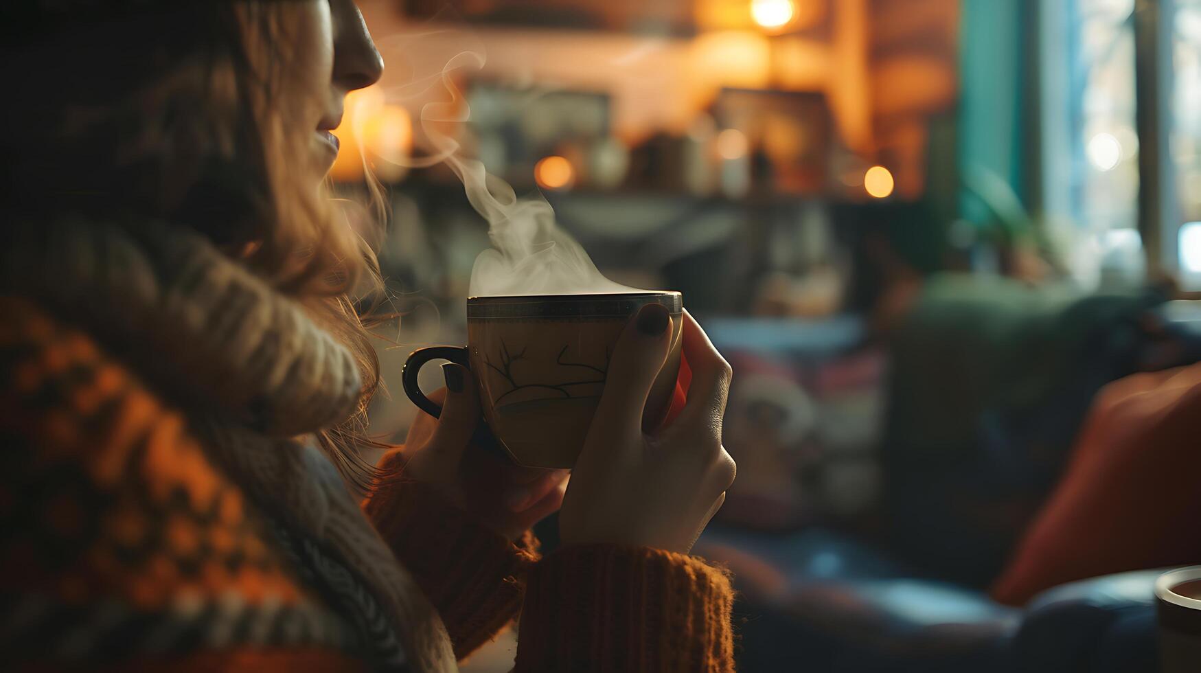 ai generato accogliente caffè negozio momento womans mano detiene cottura a vapore tazza 50mm lente cattura intimo messa a fuoco foto