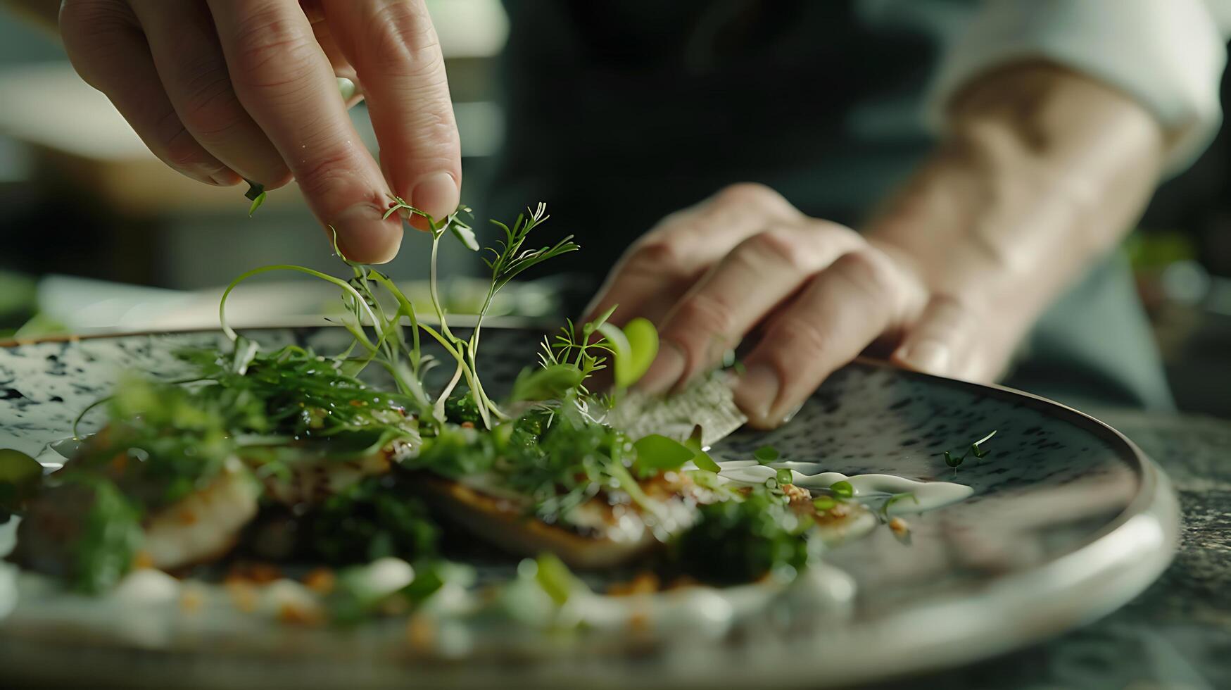 ai generato abile capocuoco delicatamente adorna buongustaio piatto con fresco erbe aromatiche nel morbido naturale leggero macro lente cattura intricato dettagli foto