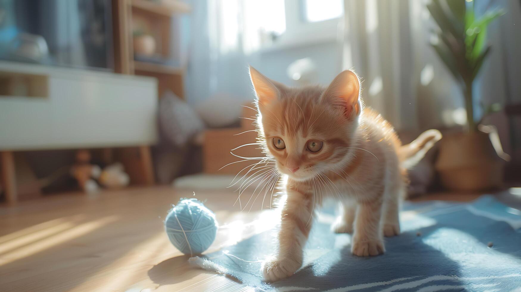 ai generato giocoso gattino insegue piuma giocattolo nel illuminata dal sole vivente camera bagnata nel morbido naturale leggero foto
