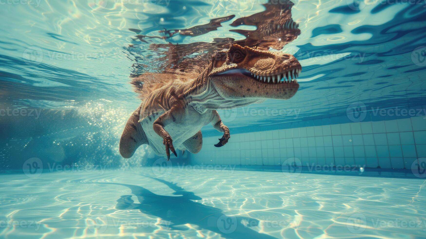 ai generato divertente subacqueo scena dinosauro nel piscina giochi in profondità tuffo azione, ai generato. foto