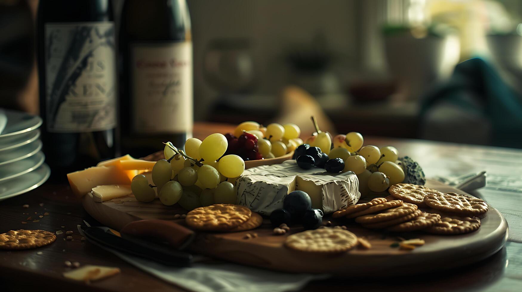 ai generato delizioso salumi tavola adorna rustico tavolo con assortito formaggi carni olive e artigianale pane foto