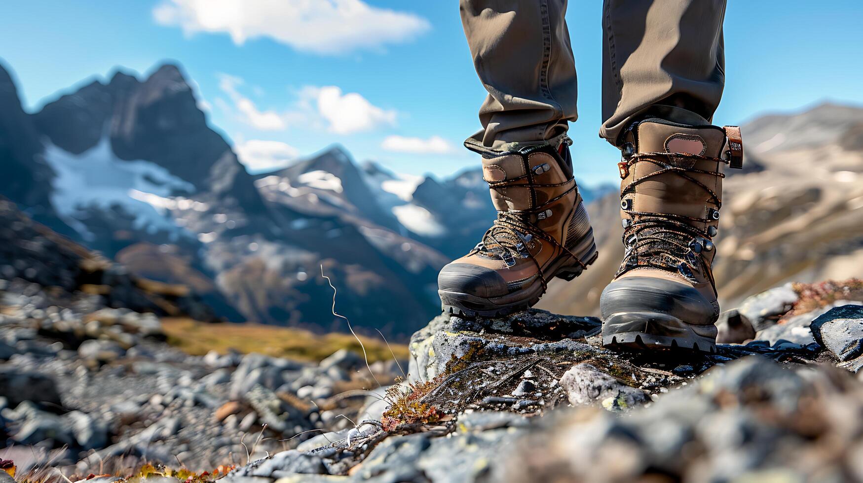 ai generato i viaggiatori piedi In piedi forte su roccioso montagna pista Abbracciare una persona maestoso paesaggio e chiaro blu cielo foto