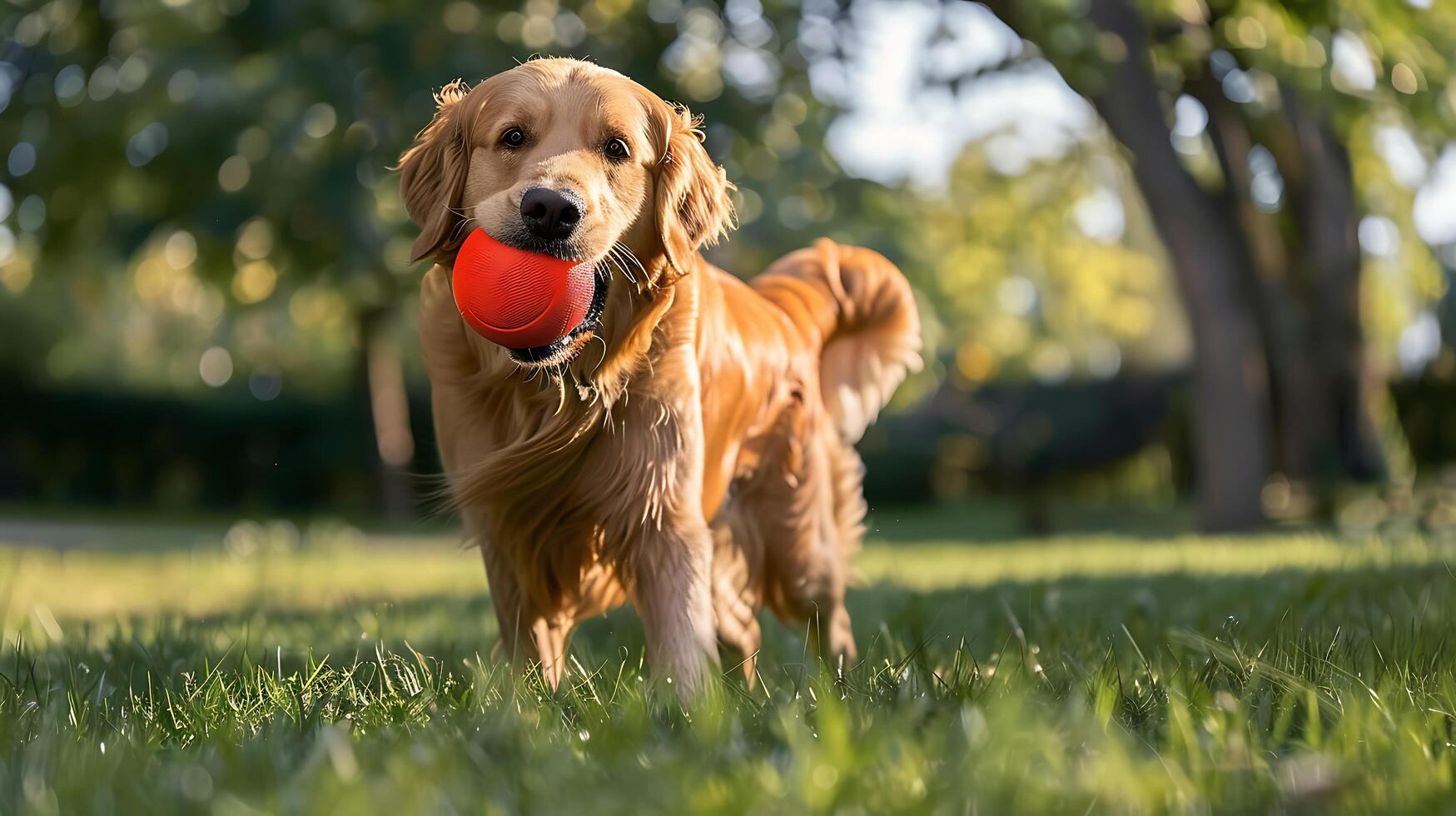 ai generato amichevole d'oro cane da riporto gode andare a prendere nel lussureggiante verde parco sotto vivace blu cielo foto