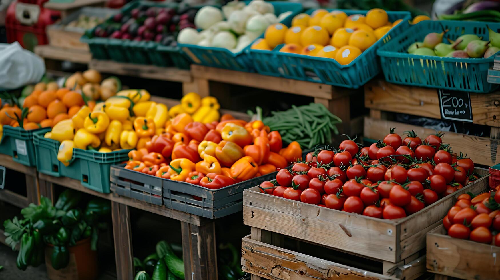 ai generato fresco frutta e verdure generosamente visualizzato su di legno tavolo a Locale agricoltori mercato foto