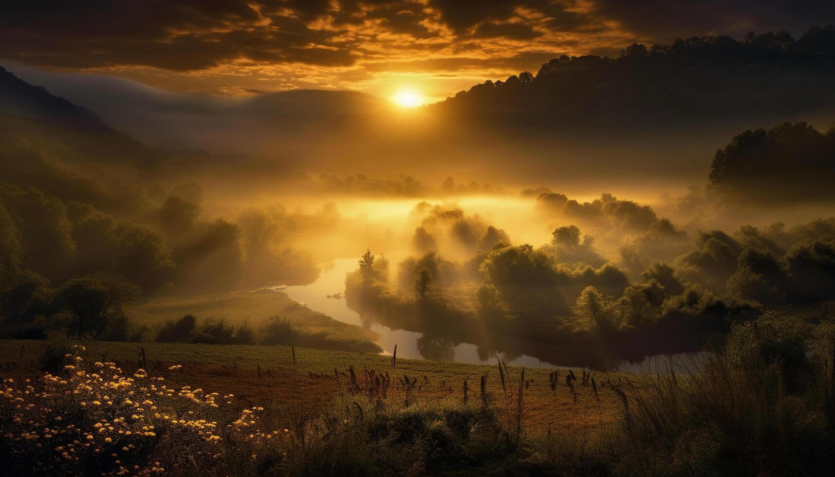 ai generato tranquillo prato, nebbioso albero, tramonto vernici natura generato di ai foto