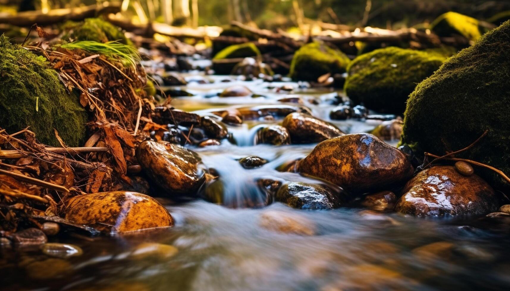 ai generato tranquillo scena di fluente acqua nel un' foresta generato di ai foto