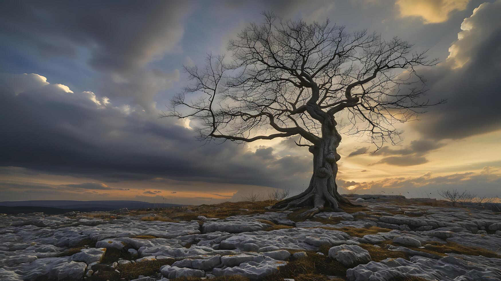 ai generato resiliente albero abbraccia tempestoso cieli radici Avvincente terra rocce marcatura trionfo al di sopra di ostacoli foto