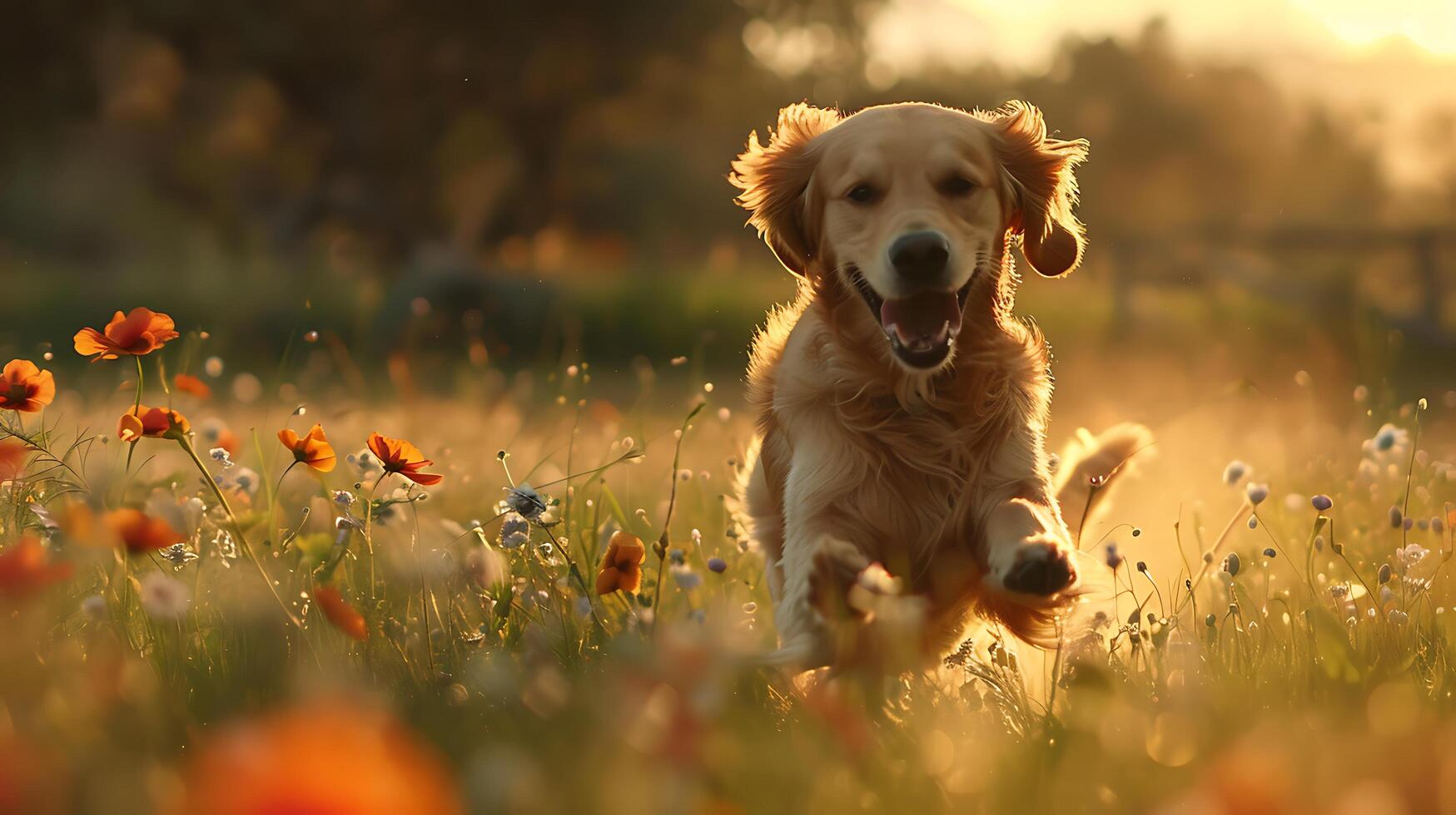 ai generato d'oro cane da riporto trattini attraverso Fiore di campo campo bagnata nel morbido naturale leggero foto