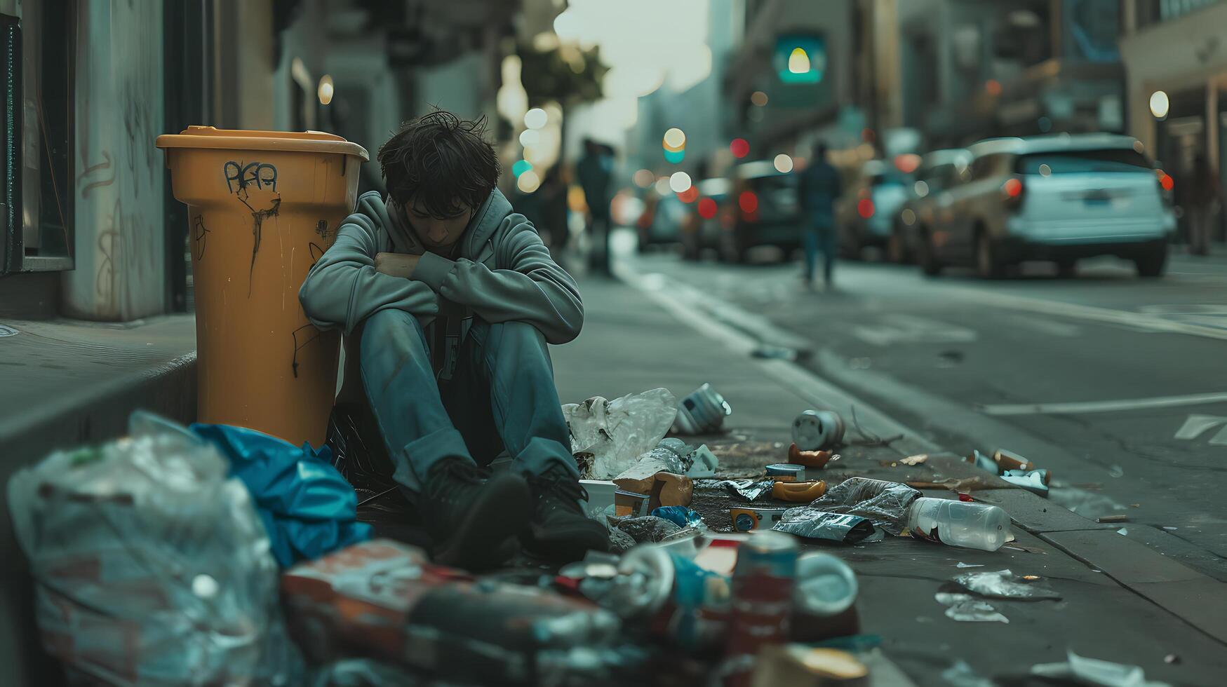 ai generato senza casa persona riposa in mezzo urbano desolazione circondato di scartato segni e lattine foto