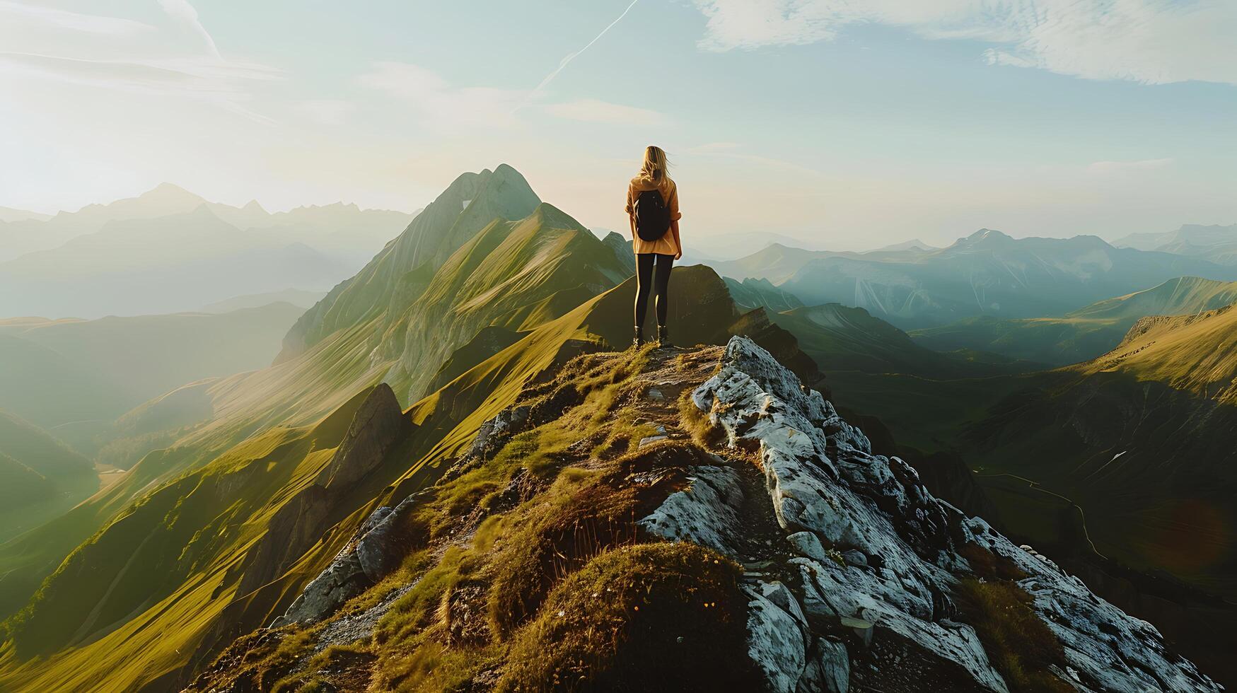 ai generato donna abbraccia maestoso montagna vista centrato nel vasto 24 mm paesaggio foto