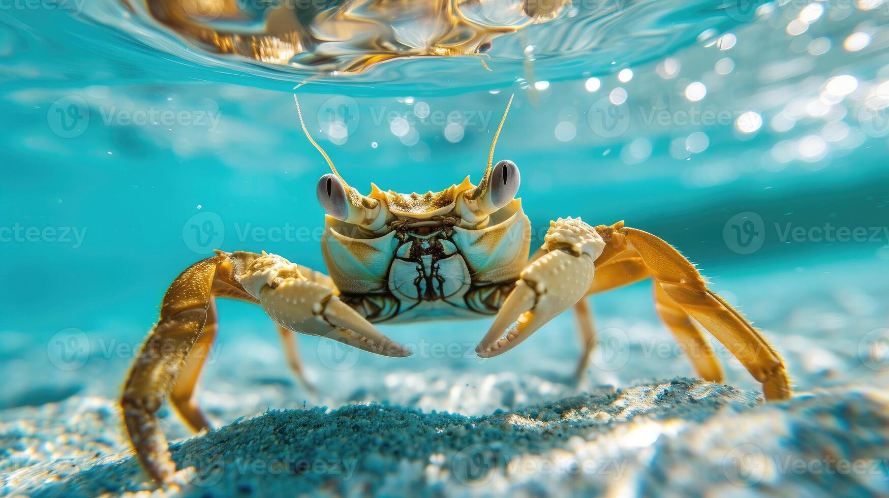 ai generato divertente subacqueo scena Granchio nel piscina giochi in profondità tuffo azione, ai generato. foto