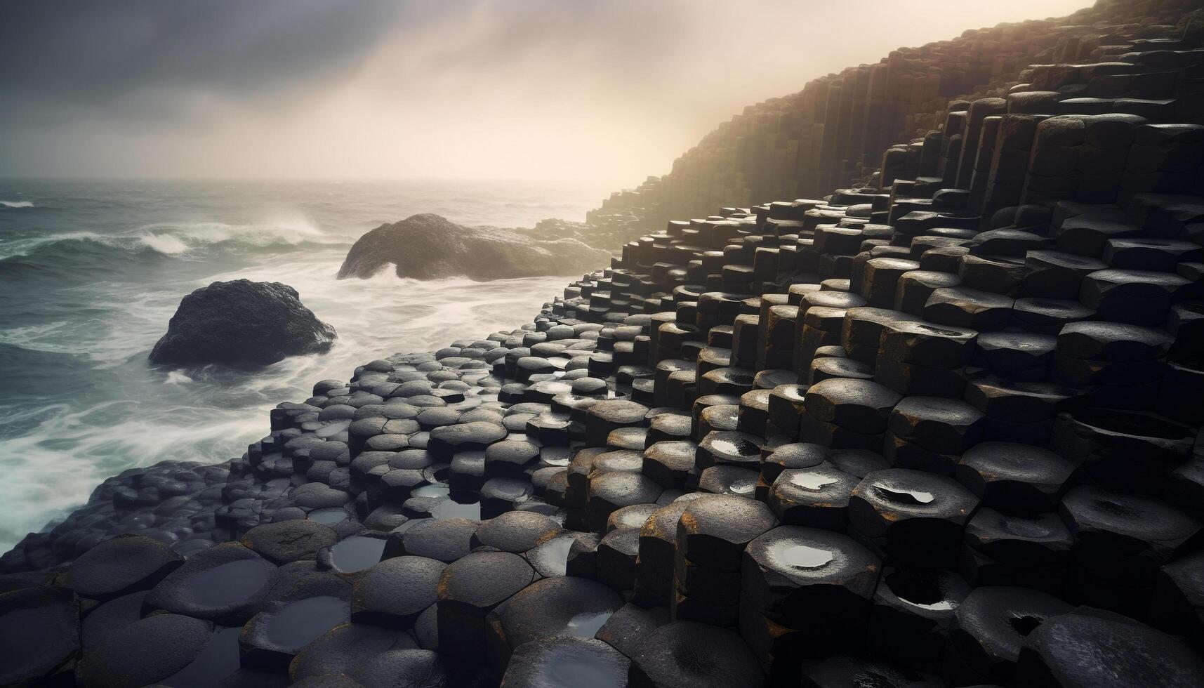 ai generato costa scogliera, roccia, onda, tramonto, viaggiare, bellezza generato di ai foto