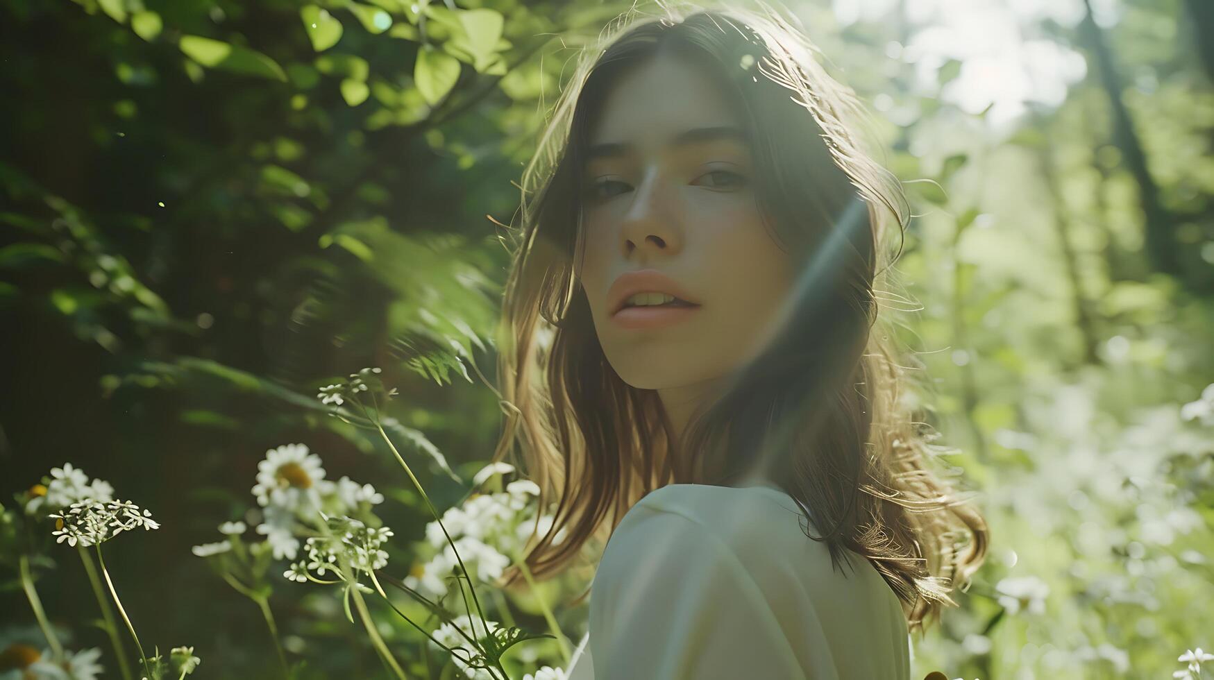 ai generato giovane donna abbraccia tranquillo natura bagnata nel morbido naturale leggero in mezzo fiori selvatici foto