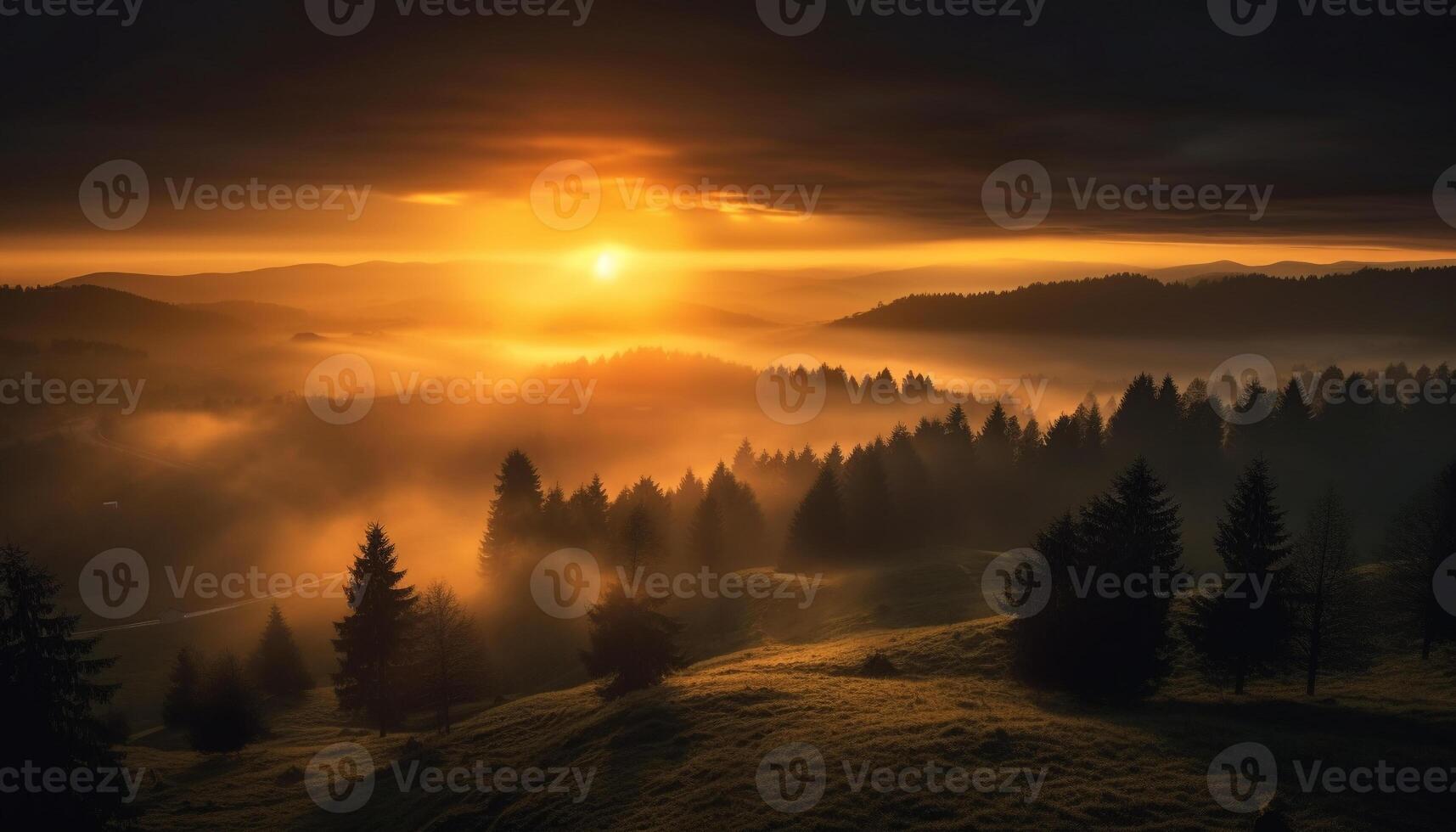 ai generato tranquillo prato, nebbioso foresta, Alba vernici natura generato di ai foto