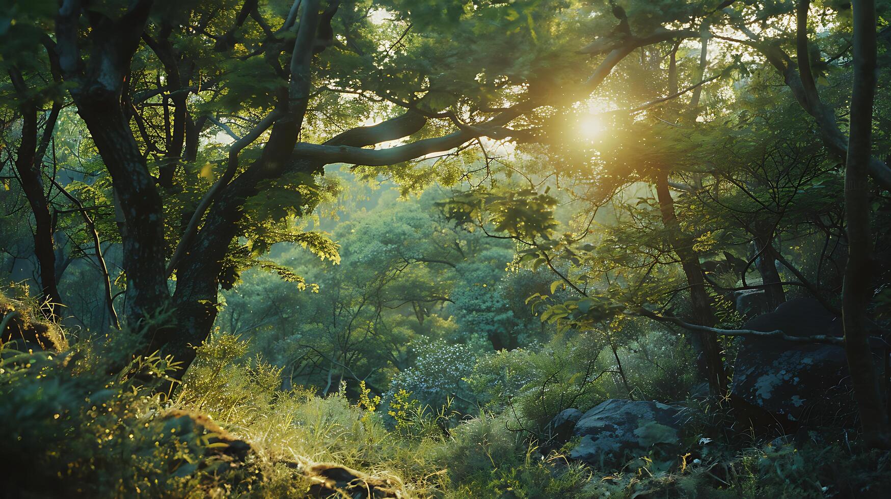 ai generato sereno foresta scena luce del sole lussureggiante fogliame vivace colori di natura foto