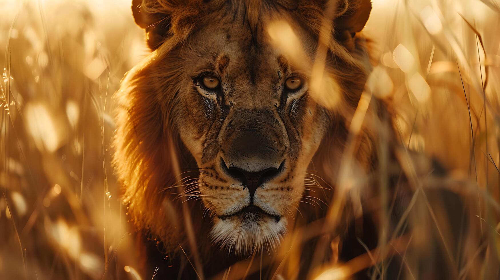 ai generato maestoso leoni mettere in guardia sguardo catturato nel avvicinamento circondato di selvaggio erba e suggerimento di savana foto