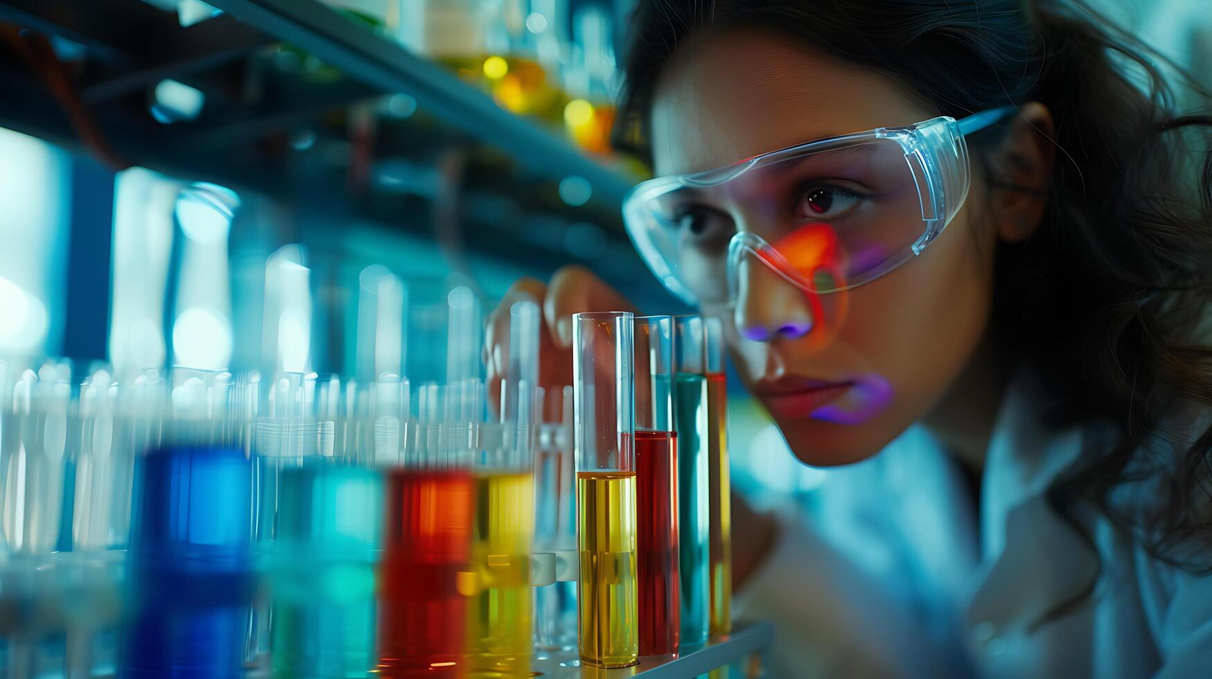 ai generato femmina scienziato impegnato nel laboratorio ricerca con microscopio e test tubi foto