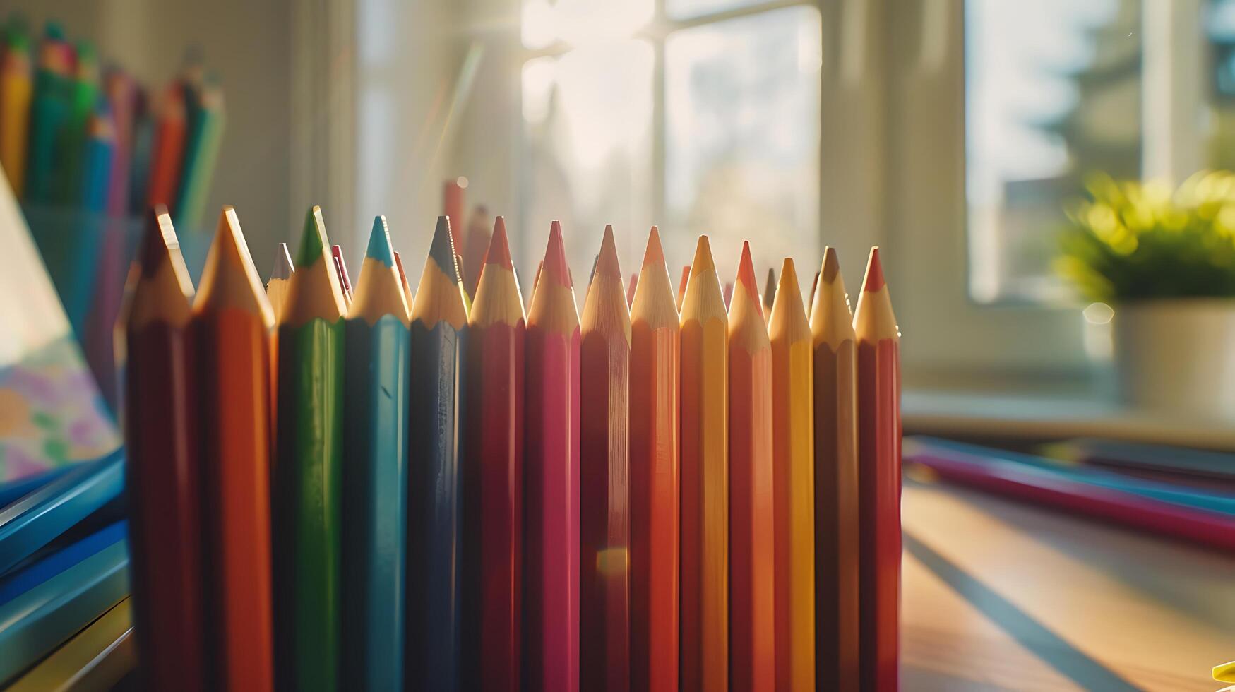 ai generato vivace colorato matite disposte ordinatamente su di legno scrivania bagnata nel morbido naturale leggero a partire dal finestra foto