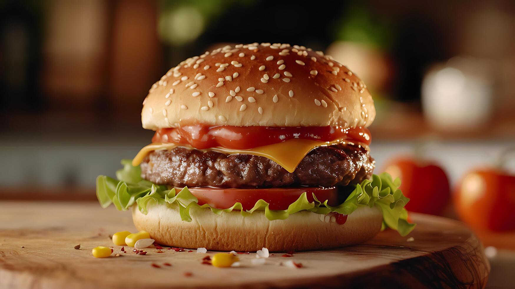 ai generato salato avvicinamento succoso Manzo hamburger con fuso formaggio croccante lattuga e vivace pomodoro impostato contro rustico cucina sfondo foto