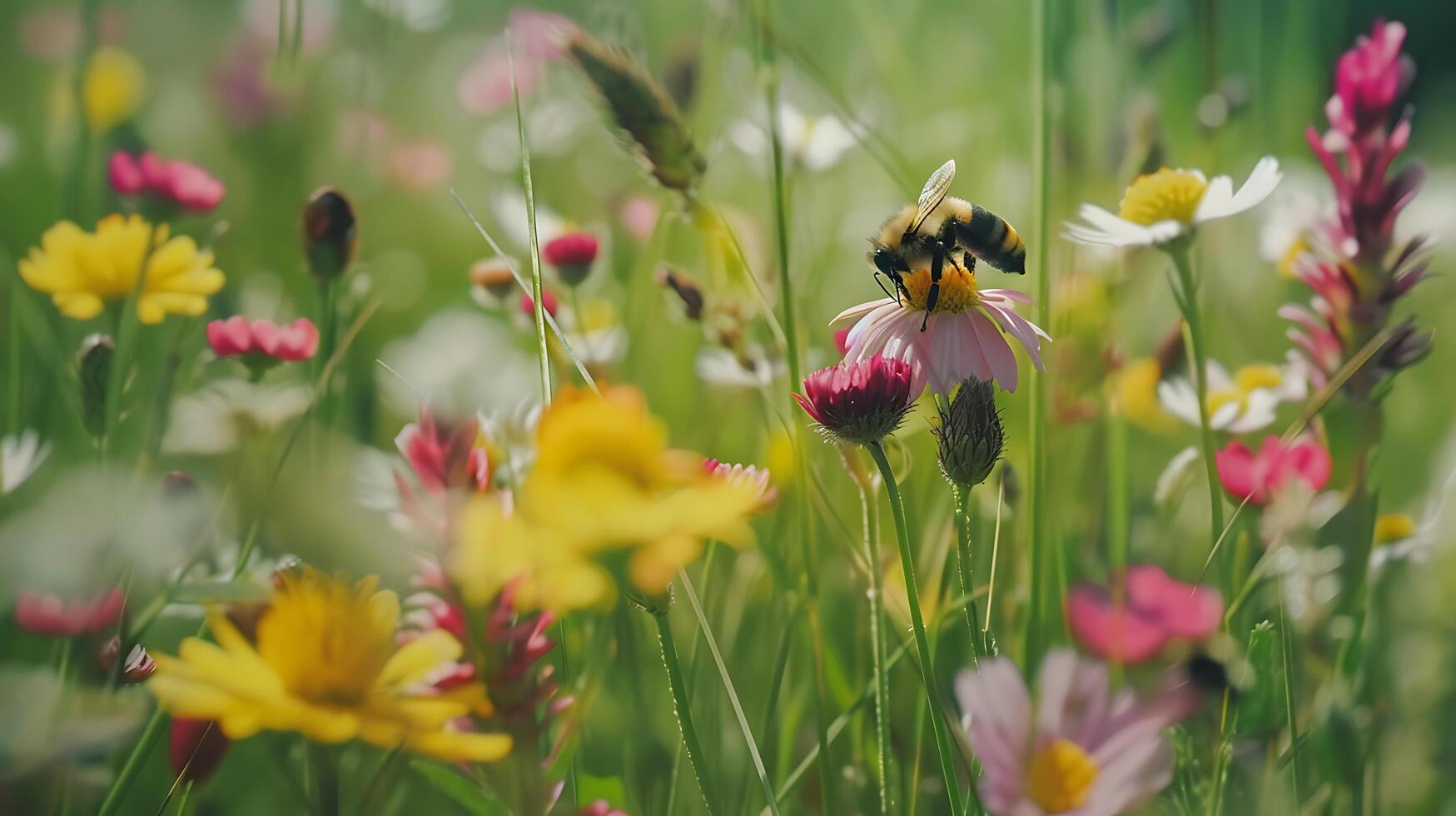 ai generato ape impollinazione colorato Fiore di campo nel lussureggiante prato catturato con macro lente foto