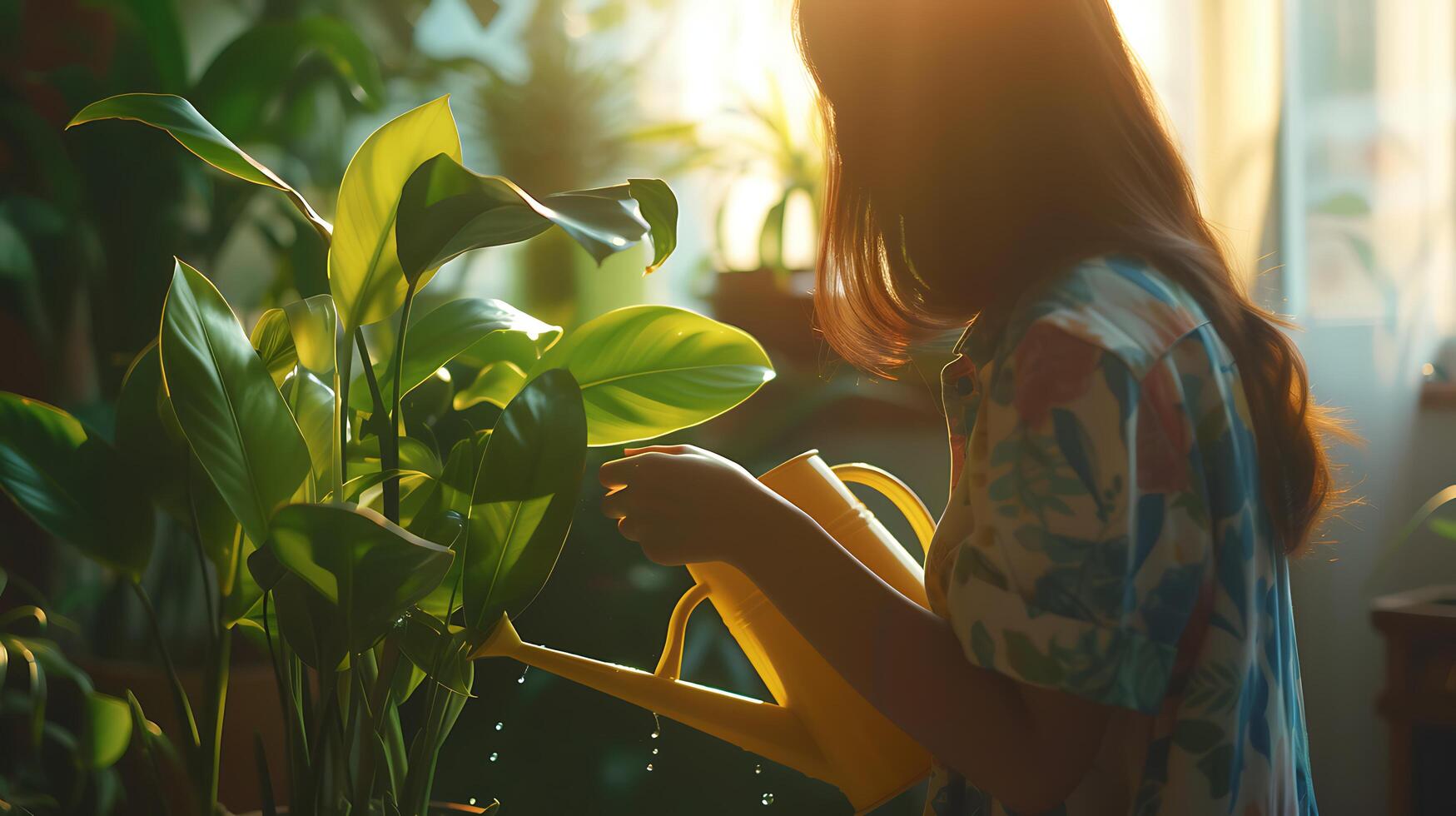 ai generato donna tende per pianta della casa nel morbido naturale leggero la creazione di caldo e invitante atmosfera foto