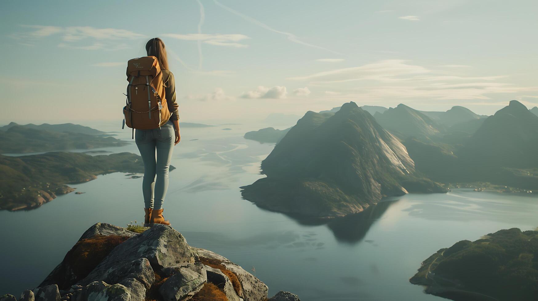 ai generato cima della montagna vagabondo contempla vasto orizzonte abbracciato di freddo naturale leggero e espansivo scenario foto