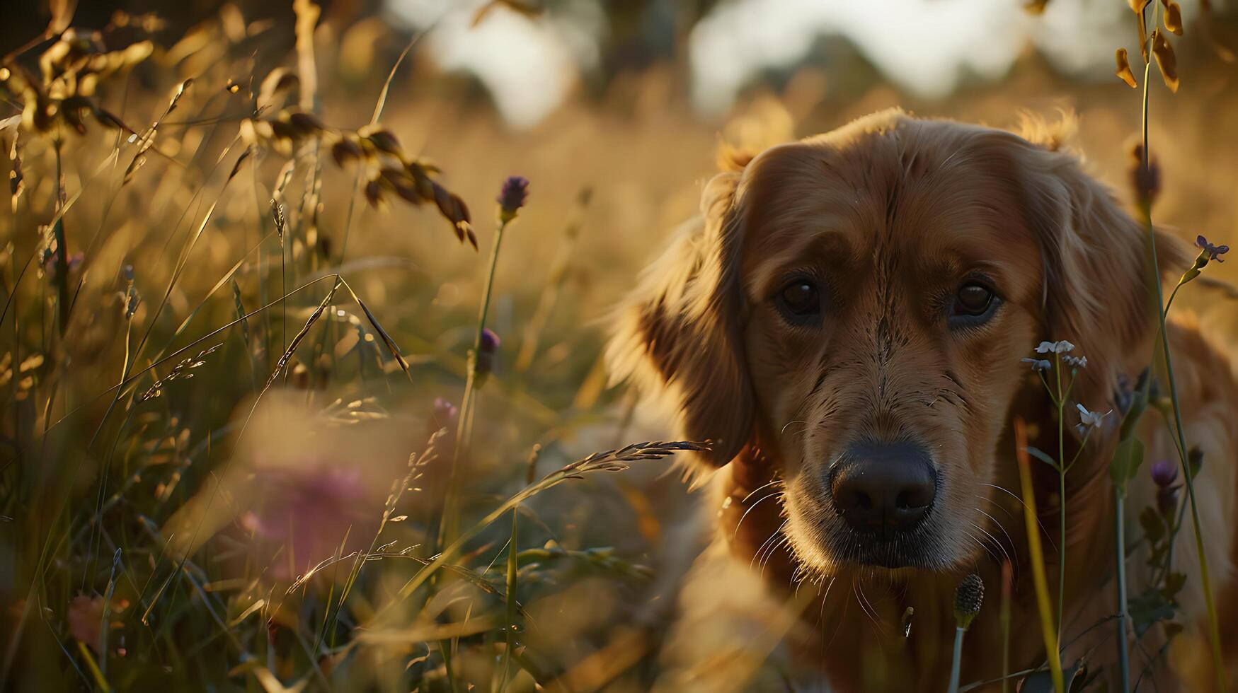 ai generato d'oro cane da riporto scherza nel illuminata dal sole campo con messa a fuoco su giocoso espressione foto