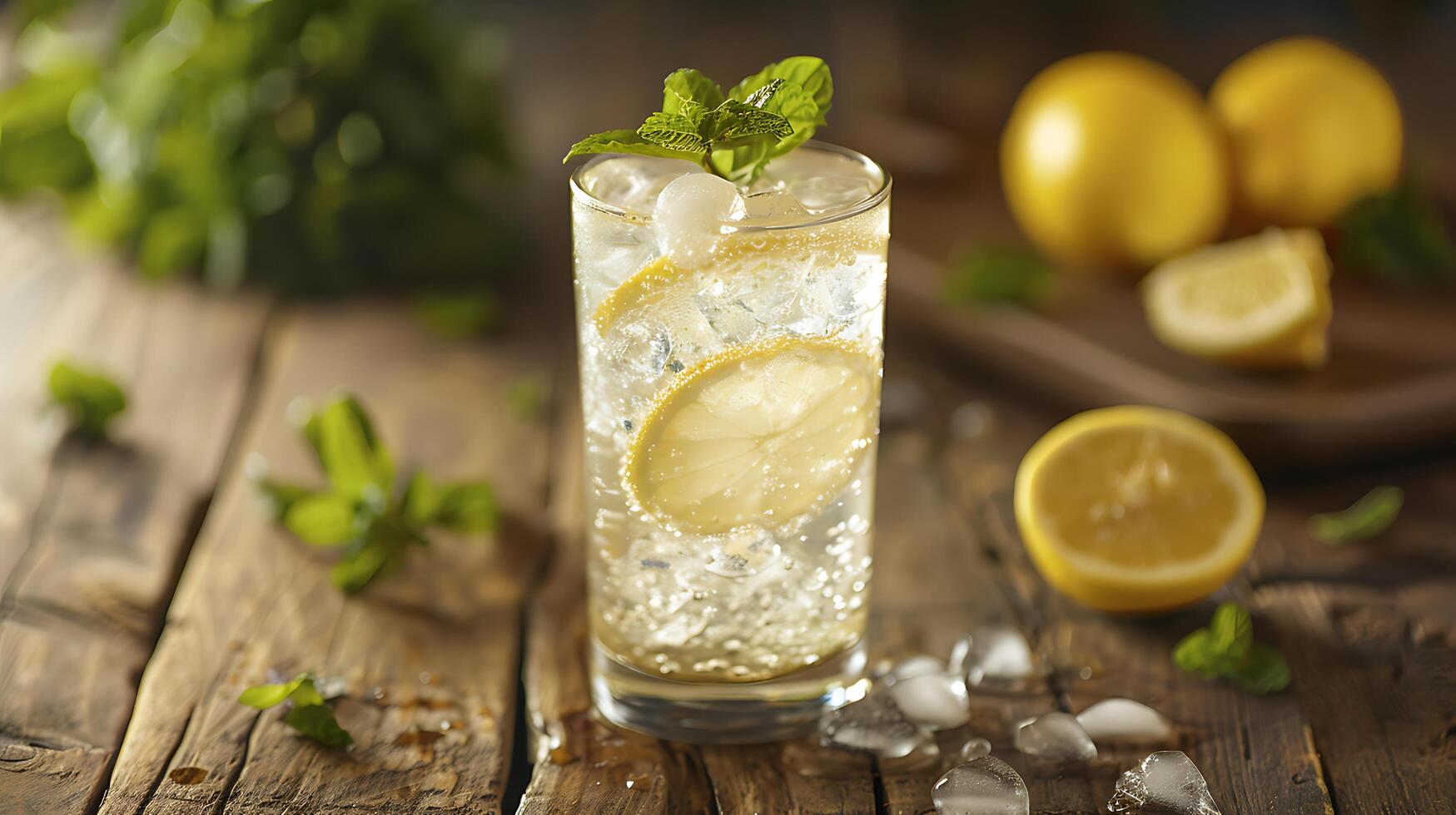 ai generato rinfrescante ghiacciato limonata con Limone fetta e menta su luminosa all'aperto terrazza foto