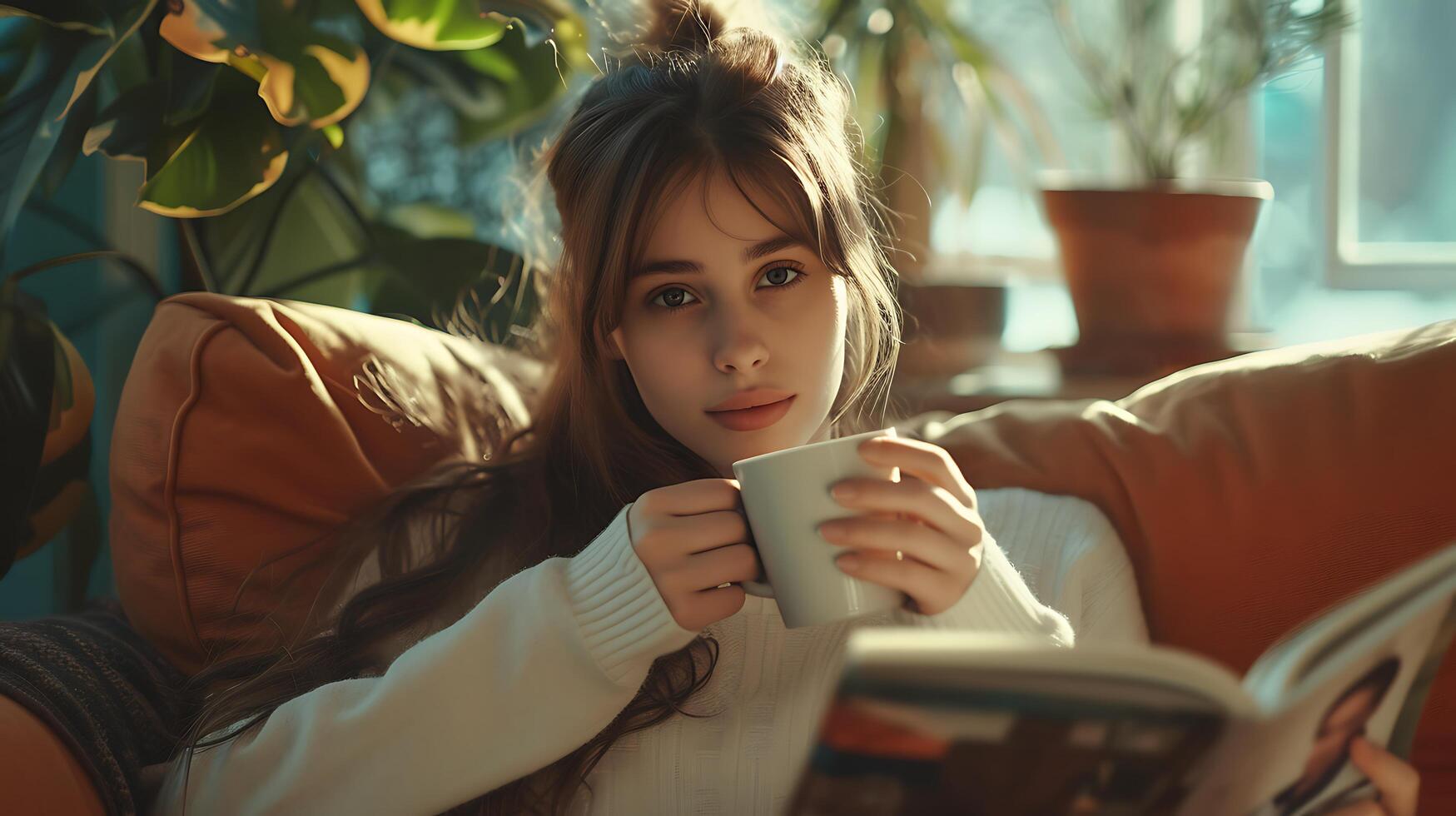 ai generato accogliente momento giovane donna sorsi caffè su divano con libro in vaso pianta nel sfondo foto