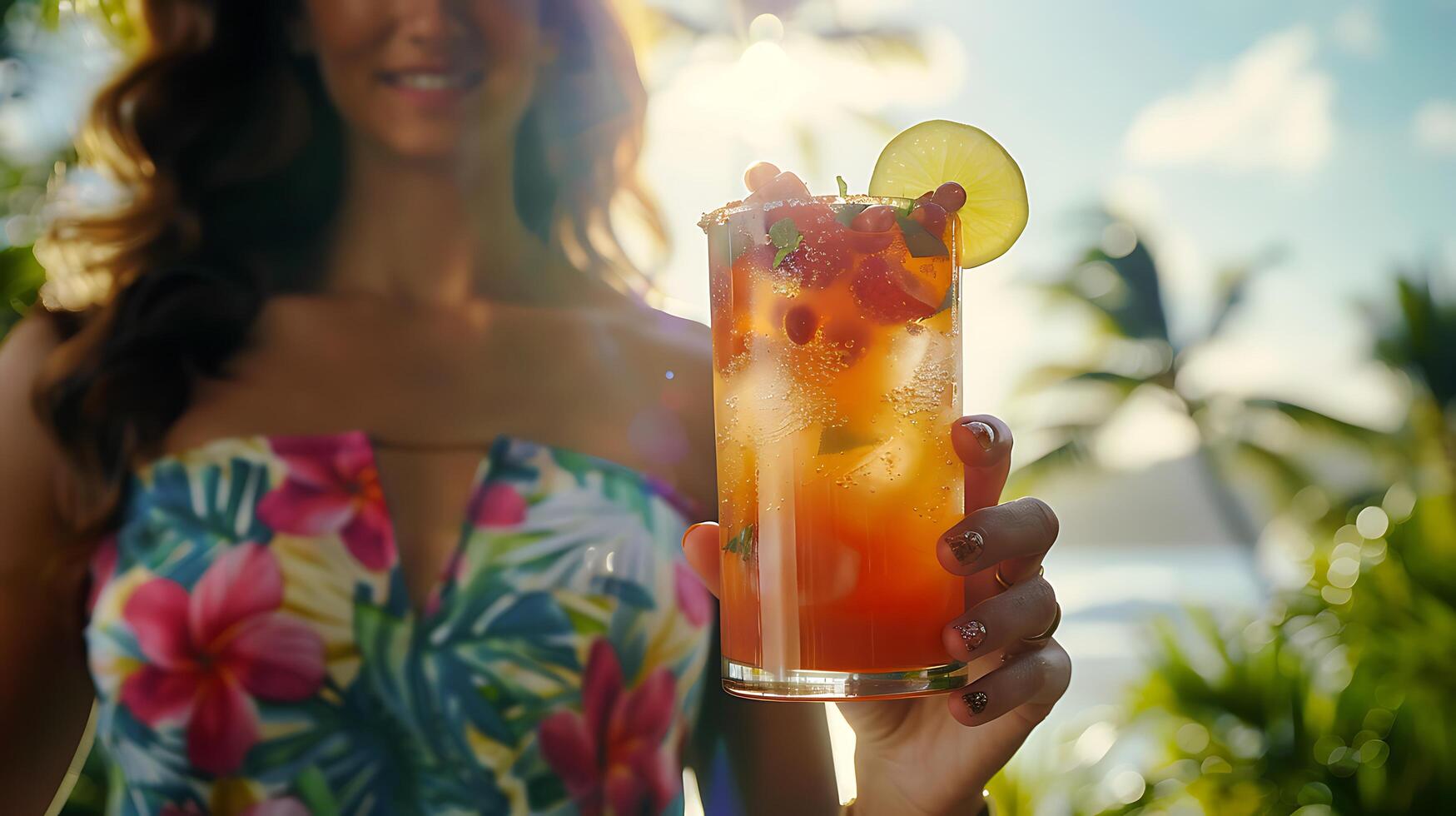 ai generato donna gode colorato cocktail a spiaggia bar oceano e palma alberi nel sfondo morbido naturale leggero migliora scena foto