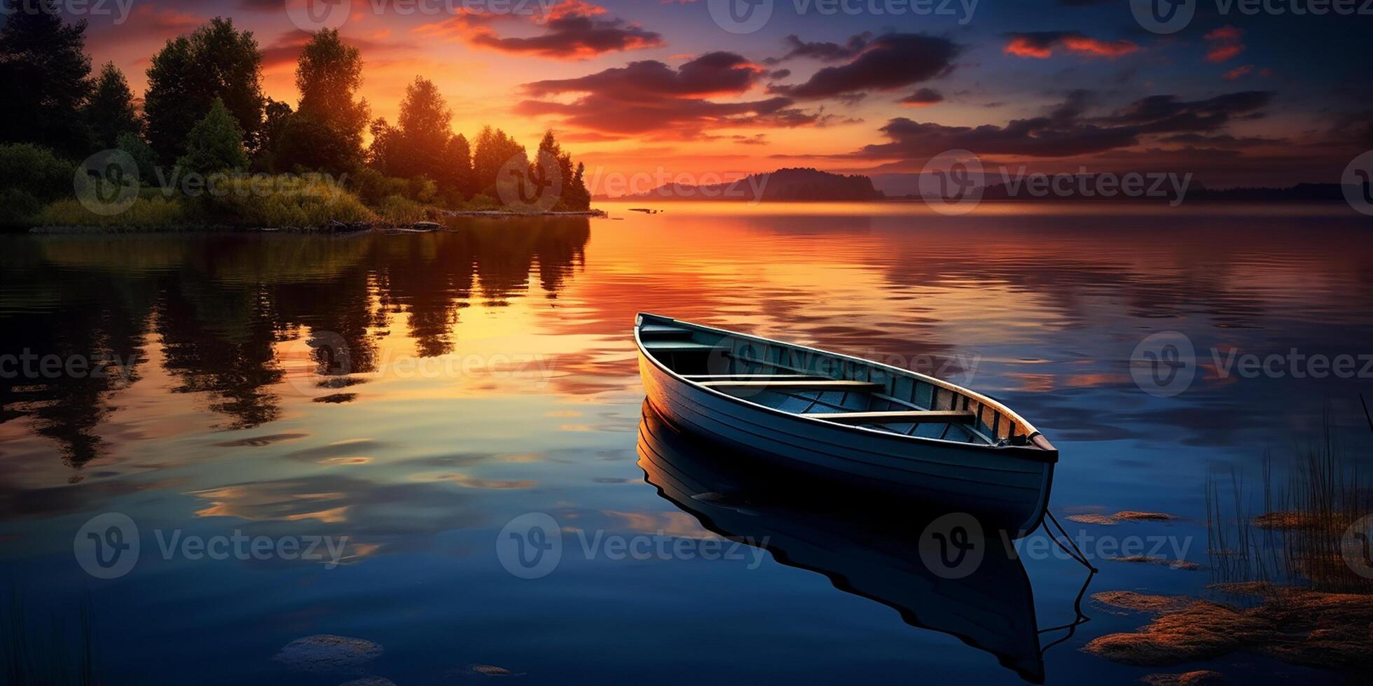 ai generato colorato tramonto. barca su il acqua superficie foto